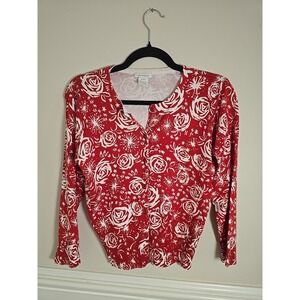 by Artisan WomensM Cardigan Red White Vintage Rose 3/4 Sleeve Satin Rose Snaps